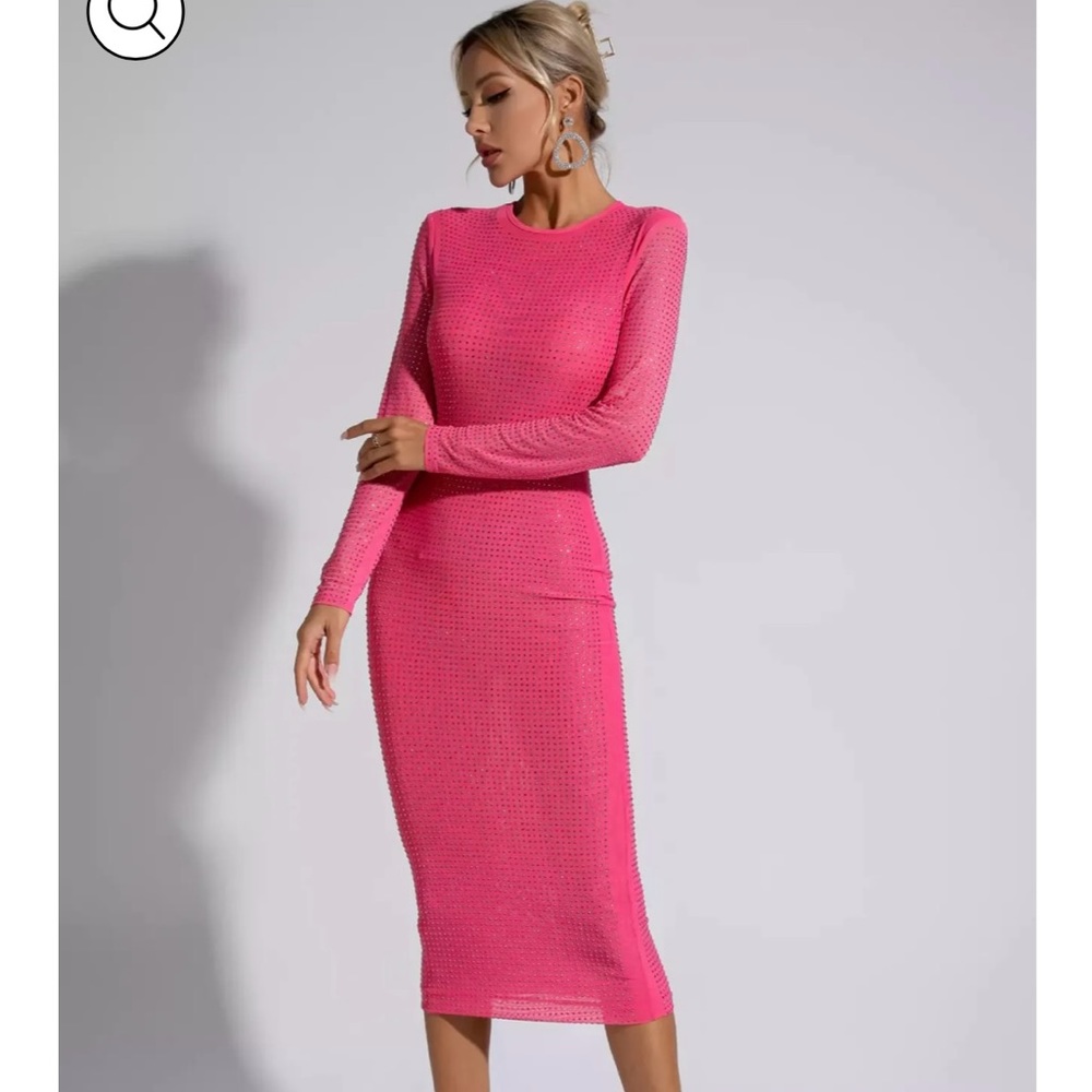 Catchall Elle Pink Crystal Midi Dress Medium Neon Barbie Valentines Day